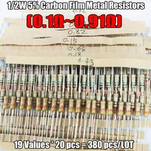 380 шт./лот 1/2 Вт 5% 19 значения (0.1ohm ~ 0.91ohm) углерода Плёнки Резисторы Ассорти Комплект 20 штук каждое значение