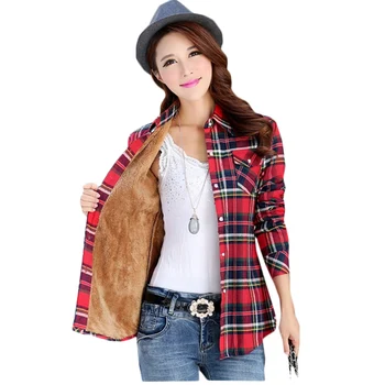 סתיו חורף גבירותיי נשי מזדמן בתוספת קטיפה עבה חם ארוך שרוול חולצה נשים חולצה משובצת חולצות נשים חולצות Blusas