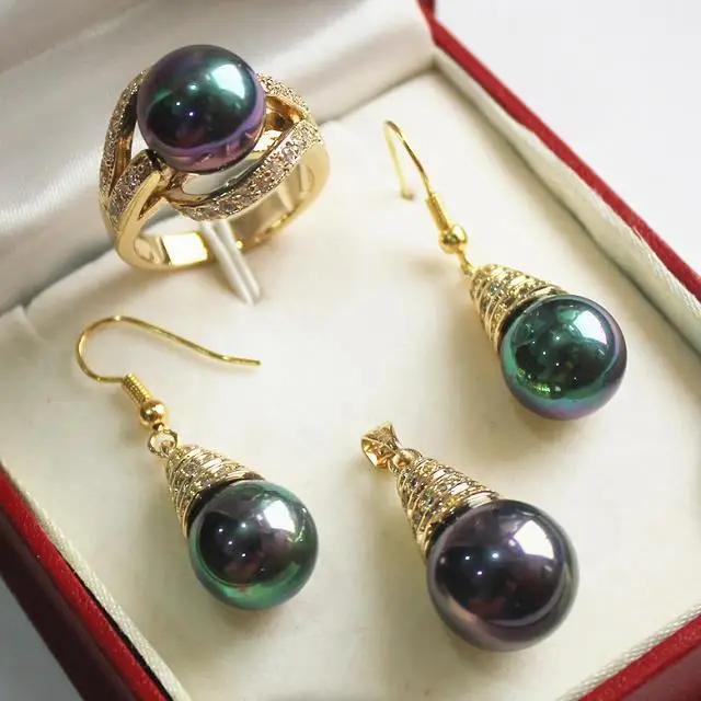 

noble new jewelry purple 18KGP + 12mm shell pearl pendant, earring, , ring set
