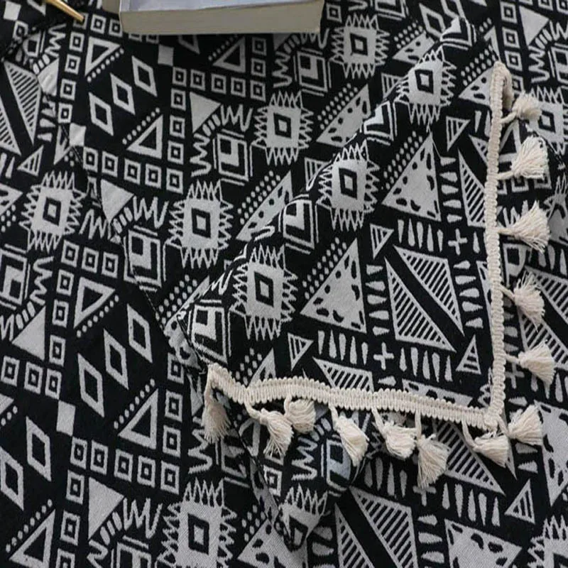 Vintage Bohemia Cotton Linen Rectangle Table Cloth Black White Geometry Printed Tassels/Lace Tablecloth Kitchen Table Cover