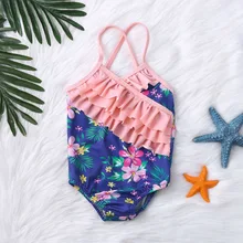 Купальник для маленьких девочек, хлопковый купальный костюм, купальный костюм для мальчиков сплошной комбинезон с оборками и цветочным принтом Купальные костюмы комплекты L0520