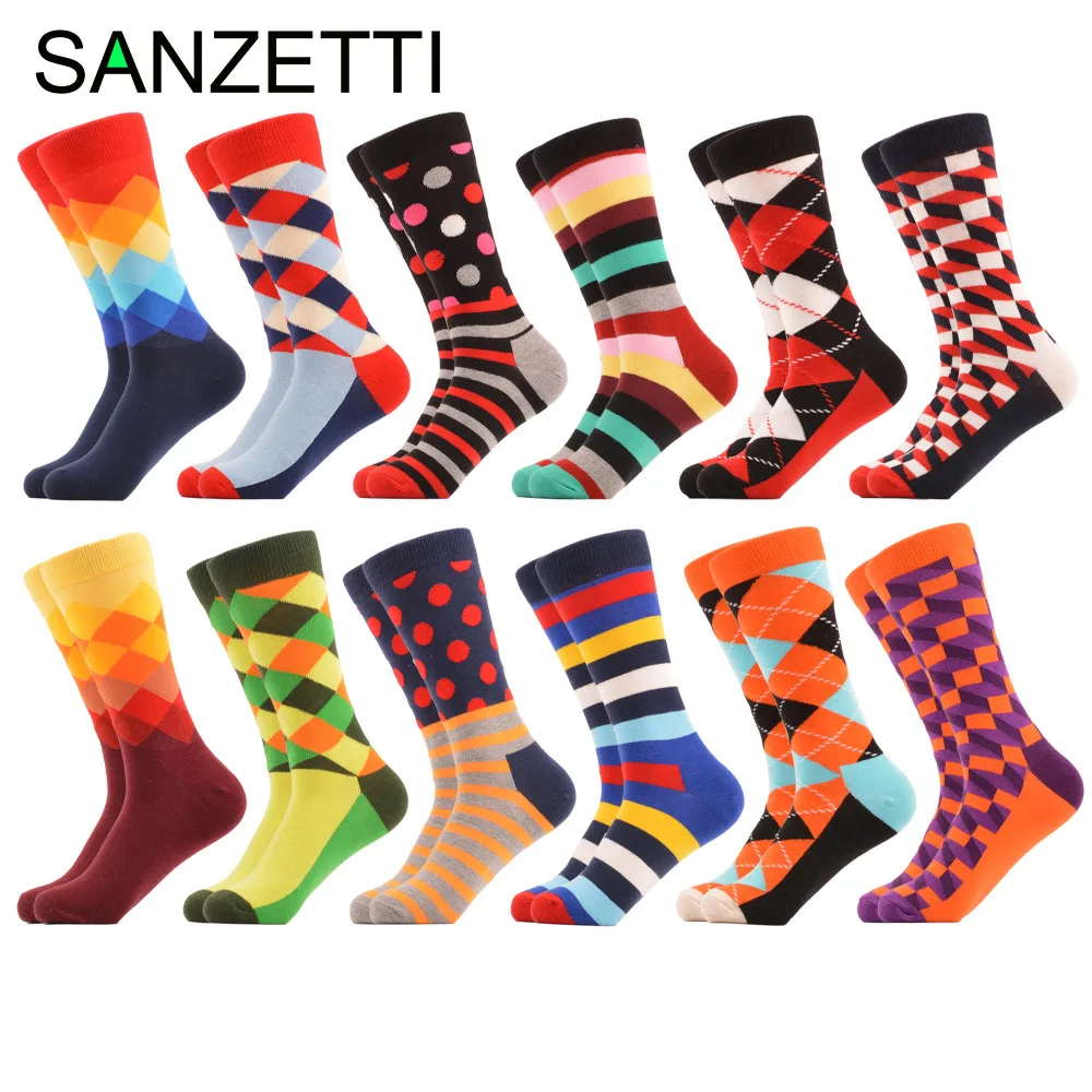 SANZETTI 12 пар/лот Новинка для мужчин Красочные геометрический узор носки хлопковые с забавным платье повседневное экипажа носки для девочек