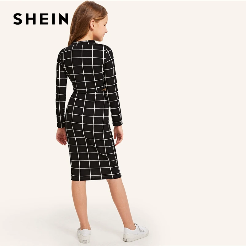 Kopen SHEIN Kiddie Meisjes Stand Kraag Zwarte Plaid Crop Top Met Rok Casual Pak Set Kids 2019 Herfst Lange Mouwen Skinny outfits