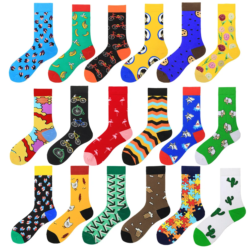 

Men Women Fashion New cartoon Shark bicycle cactus Striped flamingo pattern socks Color Simple Printing Couple Trend Sock