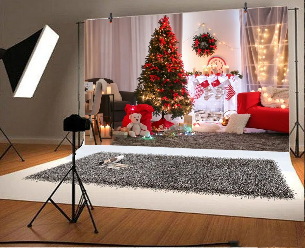 Laeacco Рождественская елка каминный ковер медведь игрушка светильник Свеча Детские фотографии фоны индивидуальные фоны для фотостудии