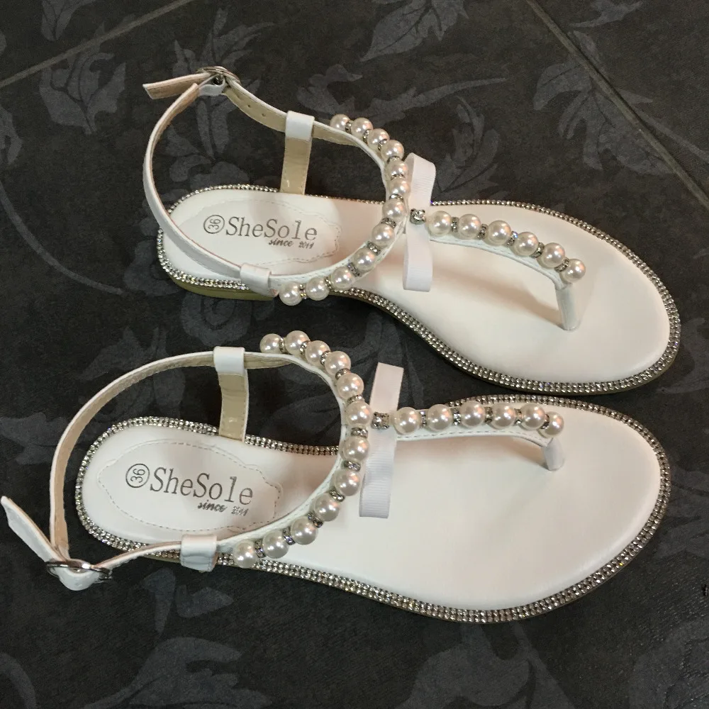 White Wedding Flat Sandals Bridal Pearl Shoes Women Flip Flops White Wedding Flat Sandals Bridal Pearl Shoes Women Flip Flops Diamond Rhinestone Pu Leather Beach Beaded Sandle Brand Shesole In S From