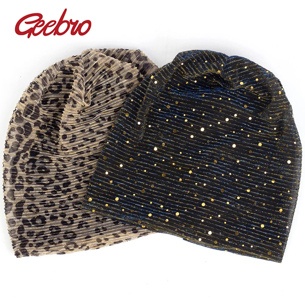 Geebro Для женщин Шапки Леопард капота для женщин и девушек; с золотыми блестками; головные уборы Skullies головные уборы модные Beanies turban обертывания Для женщин шапки DQ917