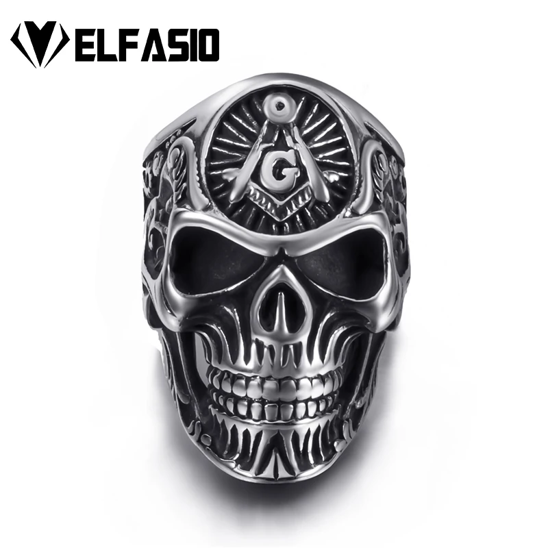 

Mens Mason Masonic Symbol AG Skull Silver Stainless Steel Ring Jewelry Size 7-13