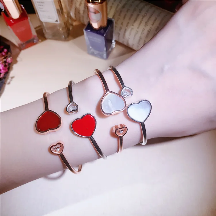 

Hot brand 100% 925 Sterling Silver two heart bracelet for women jewelry open size white red stone love cuff bangles brand bijoux