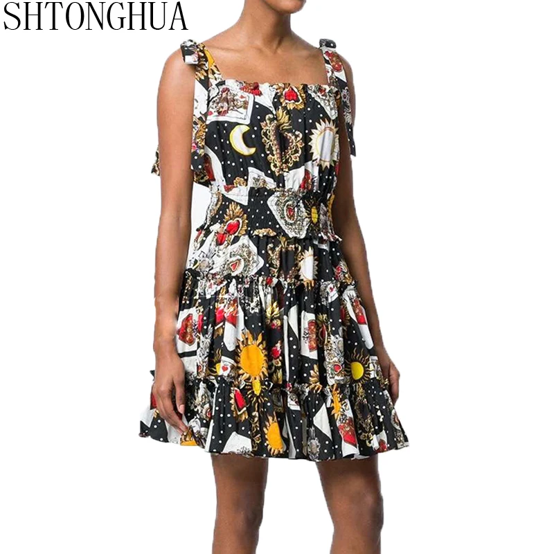 

SHTONGHUA 2019 Designer Runway Summer Dress Mini Party Dress Women Fashion Poker cards Print Sexy Strapless Holiday Dresses