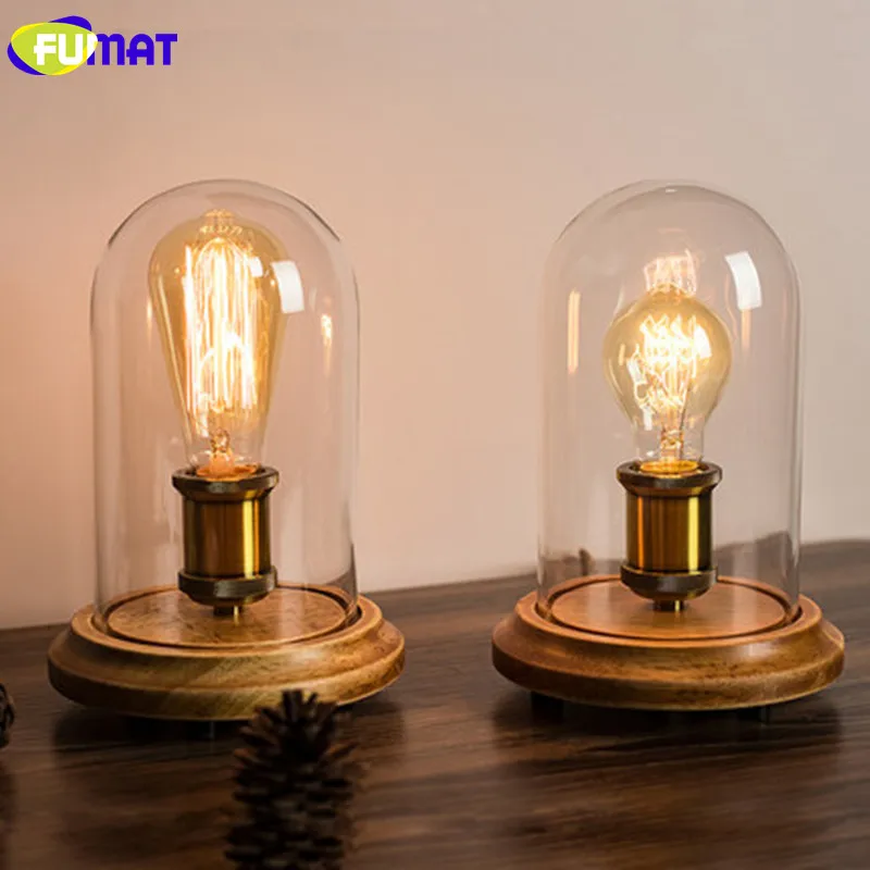  FUMAT Vintage Dimmer Table Lamp Loft Solid Wood Desk Lamp with Glass Shade American Country Bedrom 