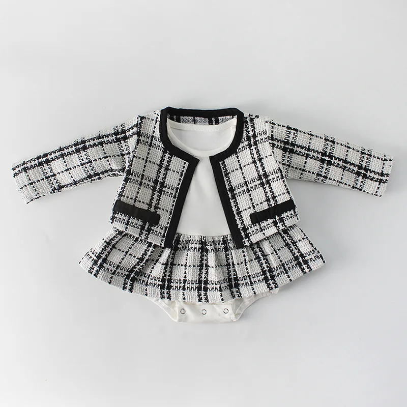 

2019 Spring Infant Baby Girl Sets Toddler Baby Princess Plaid Coat+romper Fashion Children Clothings