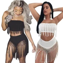 Summer Tassel Two Piece Sets Women's Costumes 2019 Beach Sleeveless Strapless Crop Top and Skirt Two Piece Shorts Set Clubwear two tone sleeveless crop top