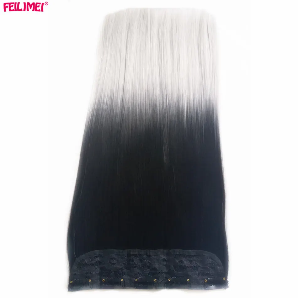 Feilimei, серые прямые синтетические волосы на заколках для наращивания, 5 клипов, 24 дюйма, 60 см, 120 г, черный, серебристый цвет, женские шиньоны