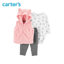 3pcs cute print bodysuit cotton pants 3D ears hooded fuzzy vest set Carter s baby girl