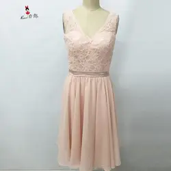 Vestido Para Madrinha Розовое Кружевное короткое платье для подружки невесты 2017 с v-образным вырезом сзади до колена шифоновое свадебное платье