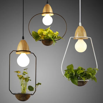 

Modern Simple wood&Iron Chandelier lighting 3 kinds wrought iron plant pot bar restaurant balcony creative suspension lamp light