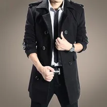 Плащ Для мужчин зимние длинные двубортный шерстяной толстый твердый Цвет теплый тонкий стенд воротник высокое качество городской Полушерстяное пальто