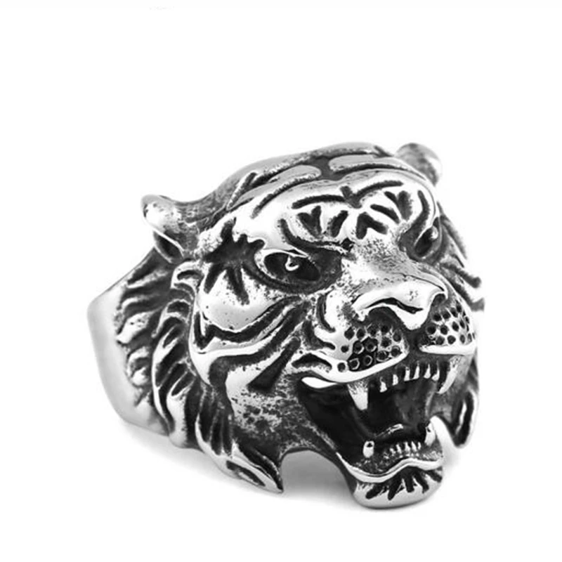 

Cool boys fashion newest punk style large size jewelry animal design tiger rings mens steel biker rings tiger head design