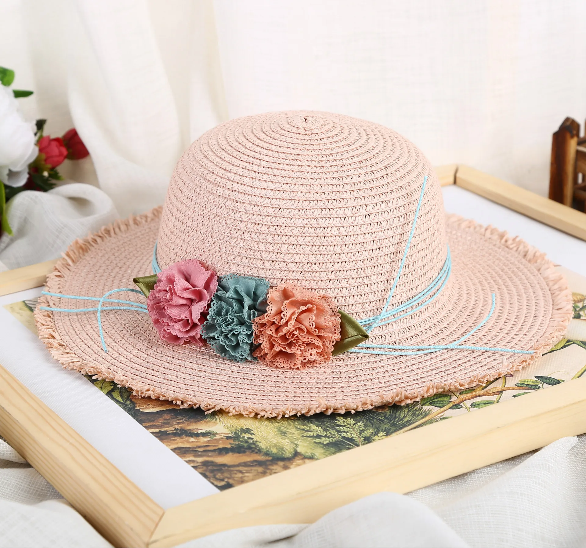 

Children's flower sun hat children's summer beach bow ruffled straw