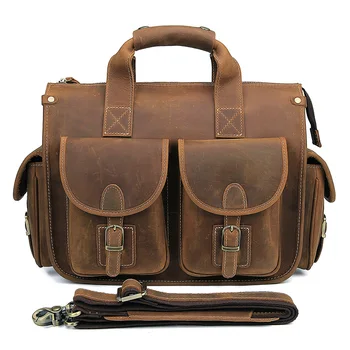 

Crazy Horse Leather Briefcases Laptop Bags For Men's Double Handbag 7106B