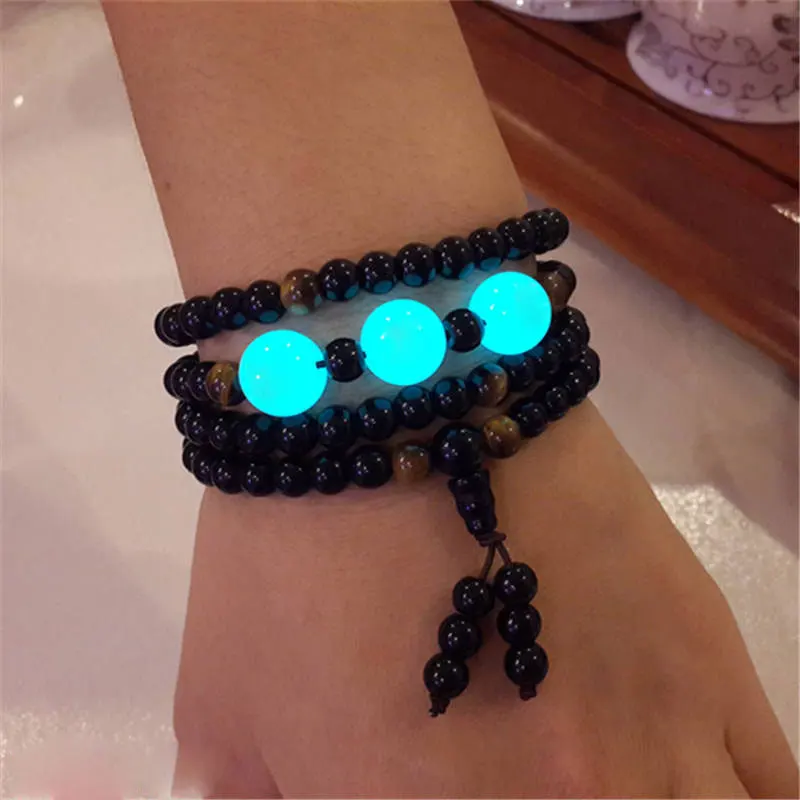 Модные браслеты из обсидиана со светящейся бусиной с флуоресцентным камнем с гравировкой английскими буквами