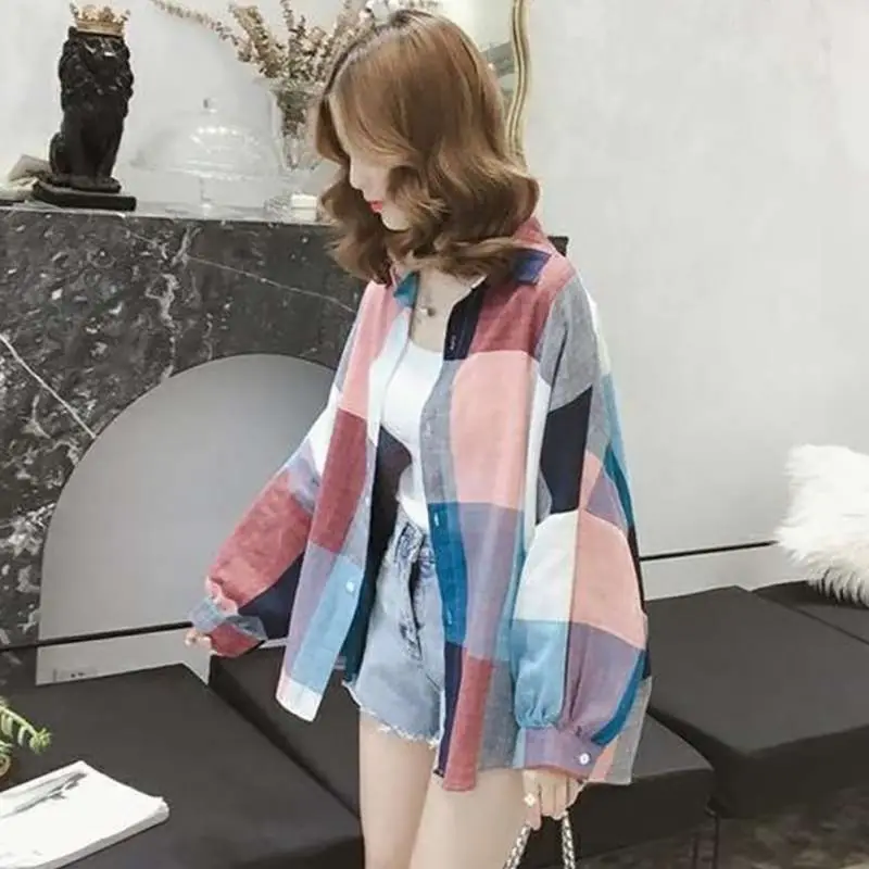 

Cotton Women Oversize Long Sleeve Plaid Shirt Female Casual 2019 Korean Ladies Outerwear Blouse Tops Blusas Size Chemise Femme
