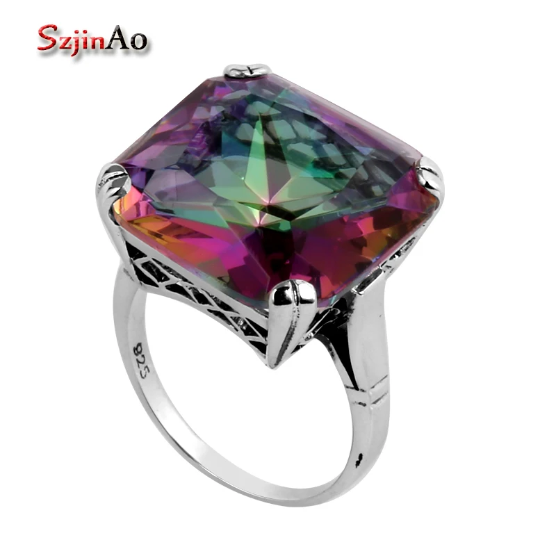 

Szjinao Bohemia Style Antique Rainbow Topaz Ring High Quality 925 Sterling Silver Rings for Women New Year Gift