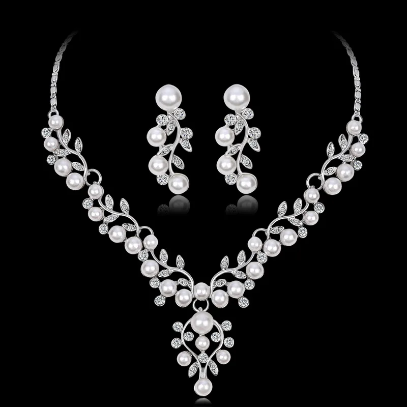 

Wedding Jewelry Sets Crystal Tree Leaves Bridal Jewelry Set For Women Choker Necklace Earring Imitation Pearl Wedding Decoration