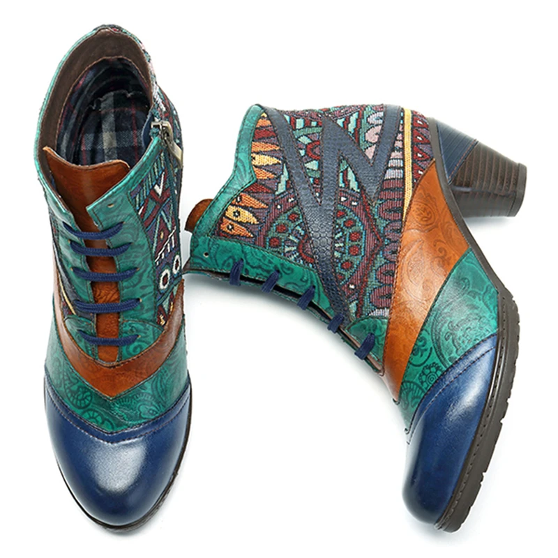 Bleu Style Cheville Mi Épissage Véritable Stylesowner Rétro Femelle Bohème Cuir Bottes Dentelle up Talons Femmes Automne Printemps Femme VjzLGSqUMp