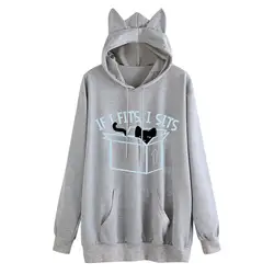 Толстовки женские 2019 Брендовые женские с длинным рукавом с принтом кота Lsweatshirt толстовка с кошачьими ушками Толстовка С Карманами