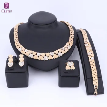 

OUHE Gold Color Crystal Necklace Earrings Bracelet Ring Heart Shaped Sets For women Wedding Jewelry Bridal Charm