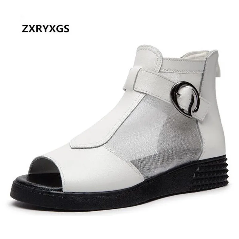 

2019 New Summer Cowhide Leather Shoes Sandals Women Breathable Mesh Flat Shoes Women Sandals Elegant Comfort Casual Sandals