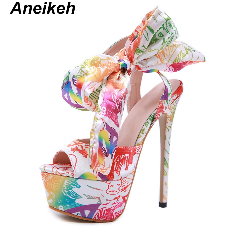

Aneikeh 2019 Sweet Fashion PU Sandals Women Shoes Hook&Loop Extremely Thin High Heels Butterfly-knot Platform PartySize 34-40