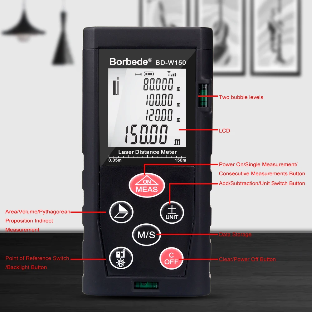 Borbede Laser Distance Meter 80M 100M 120M 150M Handheld Portable Rangefinder Laser Measure Tape