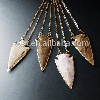 

WT-N154 Wholesale Custom Natural indian raw stone necklace arrow heads necklace with gold electroplated on edged