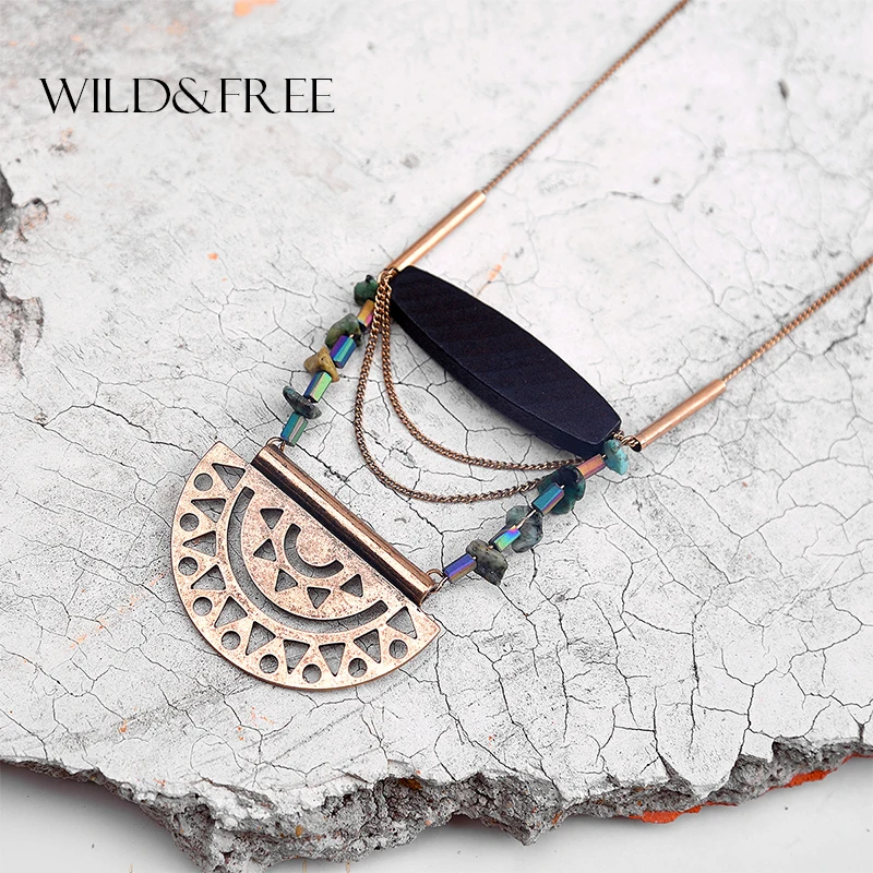 

Wild & Free Vintage Geometric Long Necklace Collares Collier Women Retro Hollow Out Metal Pendant Necklace Wooden Collar Jewelry