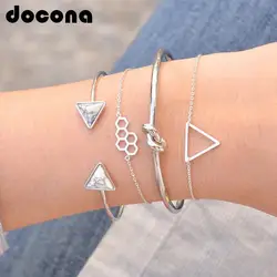 Docona под металл, серебро, золото соты камень Треугольники тонкий браслет набор для Для женщин мода открытым геометрический регулируемые