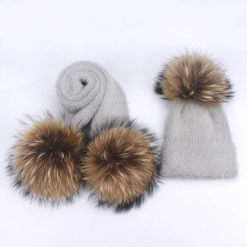 Зимняя шапка из кроличьего меха и шарф, набор для женщин и девушек, женская зимняя вязаная шапка, Повседневная однотонная шапка с натуральным меховым помпоном - Цвет: Light gray