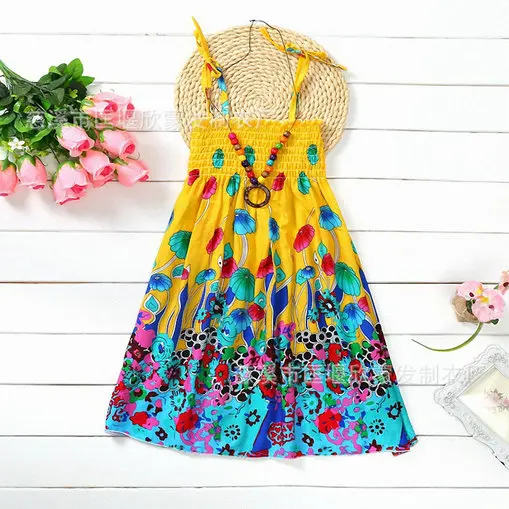 Belababy/летнее богемное пляжное платье для девочек с ожерельем из бисера, сарафан цветочное на лямках платье для девочек, vestido infantil - Цвет: as picture