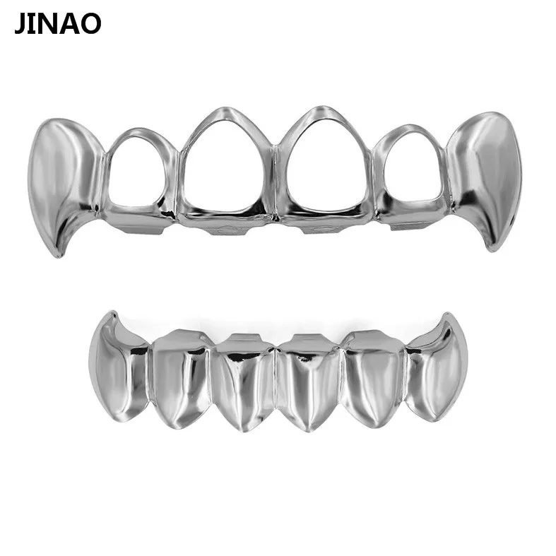 JINAO Black Vampire Fangs Grills For Your Teeth Hip Hop 14K Gold Black Plated Top Bottom Teeth Grillz Set For Men And Women (Black Grillz
