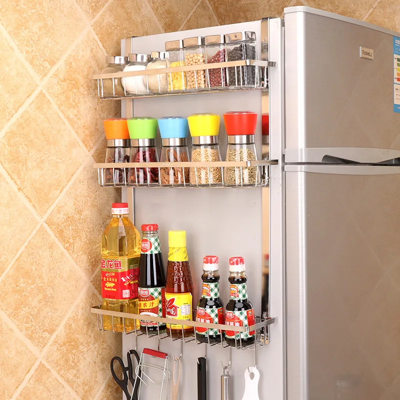 

Stainless Steel Refrigerator Rack Kitchen Supplies Multi Function Sundries Spice Jars Hanging Storage Shelf Organizer Household