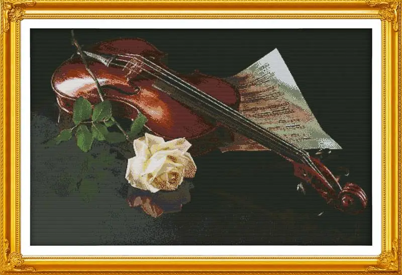 Скрипка и белая роза DMC Вышивка крестиком Сделай Сам Рукоделие Счетный крест