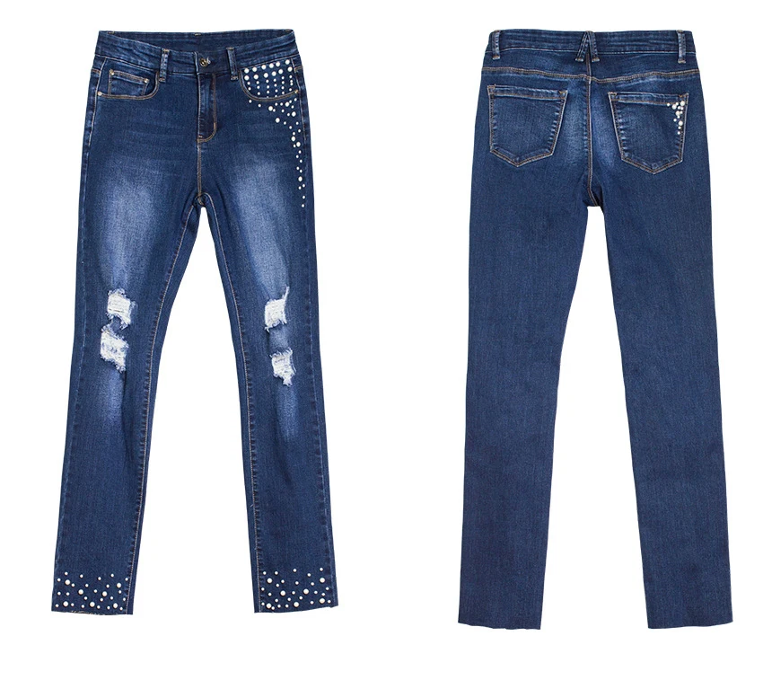 European station Europe and the United States new hole pearl cat toe cowboy high waist pants feet beaded straight jeans (17)