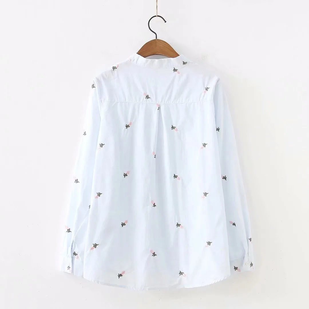  VOGUEIN New Womens Girls Little Floral Embroidery Long Sleeve Blouse Shirt Tops Wholesale