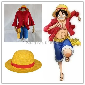 

Free shipping Cosplay One piece Costumes One piece Monkey D. Luffy cosplay Set T Shirt+Pants+Hat+yellow belt HU096