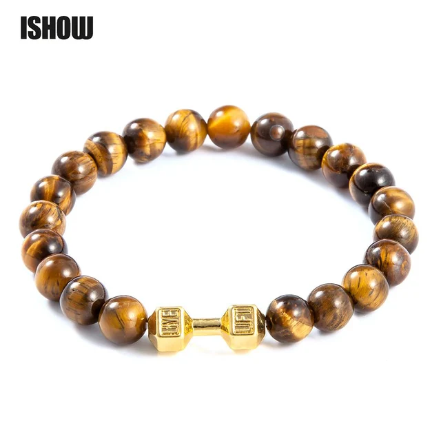 tiger eye stone lift live dumbbell beaded bracelet for men sport