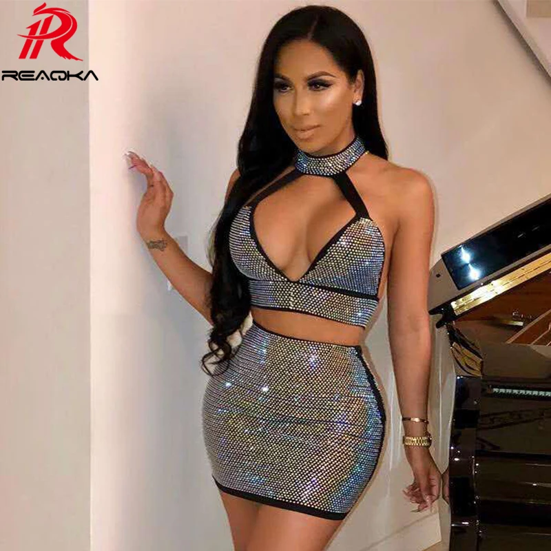 

Sexy Sparkling Diamonds Dress women befree Bling Halter bandage Summer dress elegant Backless Nightclub Party Dresses vestido HL