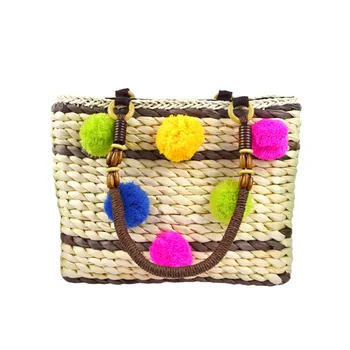

Fashion Women Woven Beach Handbag Bohemian Summer Female Handmade Straw Bags Lady Pompom Knitted Shoulder Bag Casual Tote SS3381
