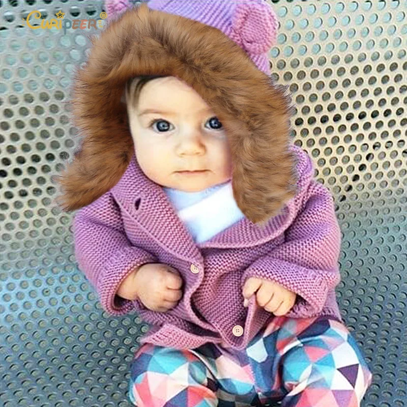 

New Spring Sweaters Baby Girls Cardigans Autumn Hooded Newborn Fur Knitted Jackets Cartoon Bear Children's Long Sleeve Clothing